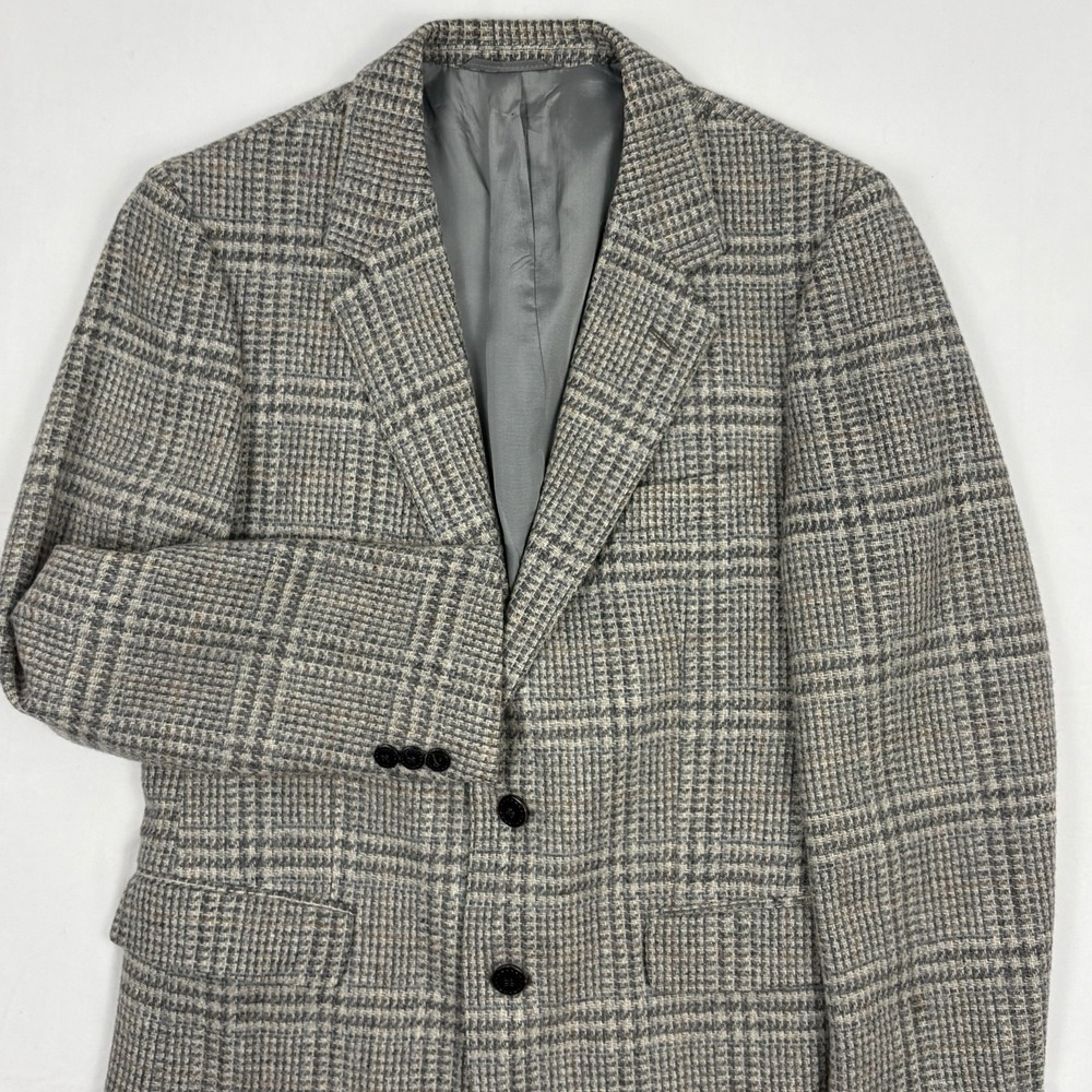 VTG 80s Platinum Executive Landon Wool Plaid Sport Coat 38 Gray/Rust Overcheck